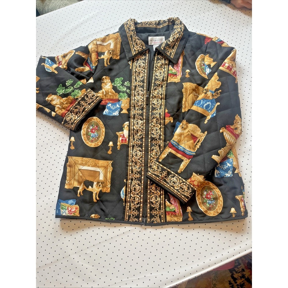 Vtg Victor Costa Occasion 100% Silk Quilted Dog Print Jacket Baroque Zip Small - Picture 2 of 14